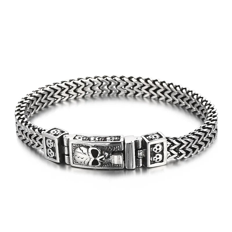 Fongten Skull Stainless Steel Bracelet Hand Mesh Link Chain Punk Silver Bangle