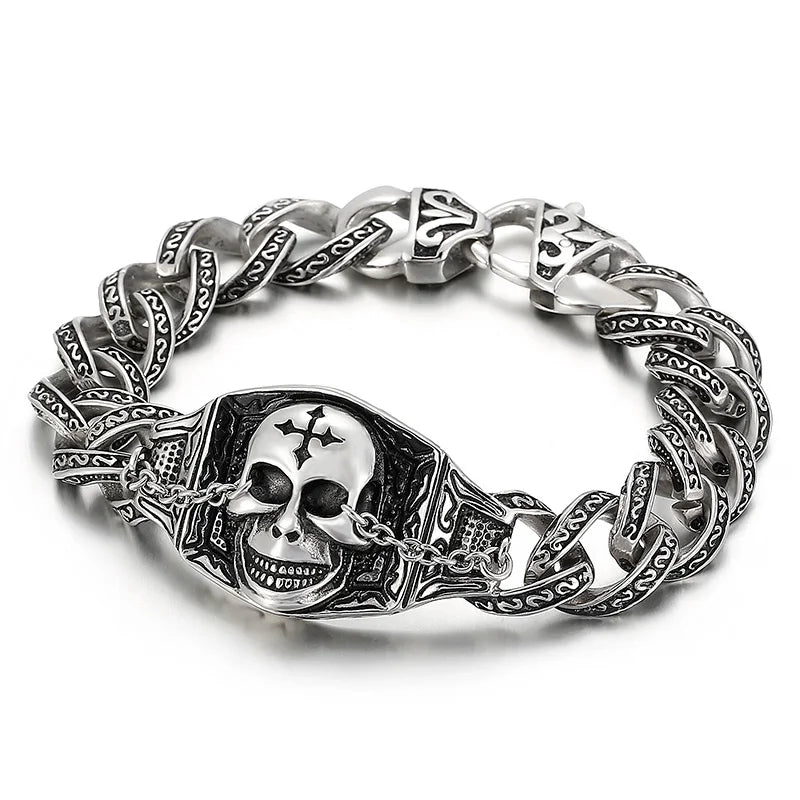 Fongten Men Skull Eye Pattern Chain Bracelet Retro Punk Handicraft Style
