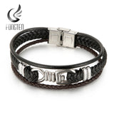 Fongten Rock Band Leather Bracelet Stainless Steel Bangle Male Jewelry