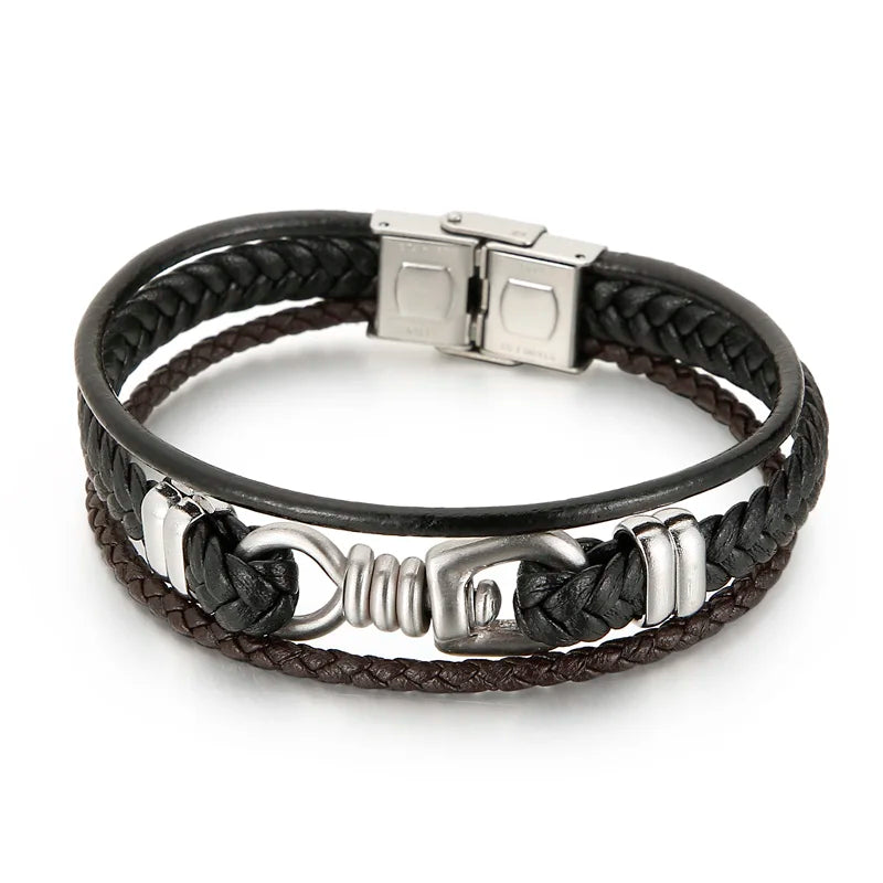Fongten Rock Band Leather Bracelet Stainless Steel Bangle Male Jewelry