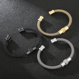 Fongten Screw Charm Men Open Bangle Steel Mesh Wristband Male Bracelet
