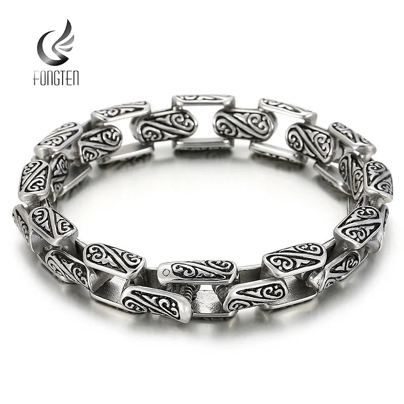 Vintage Square Charm Bracelet Men Stainless Steel Silver Chain Totems Bangle