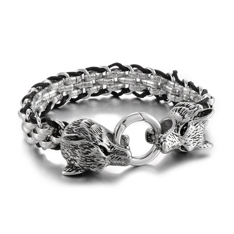 Vintage Wolf Bracelet Silver Stainless Steel Link Chain Cowhide Leather