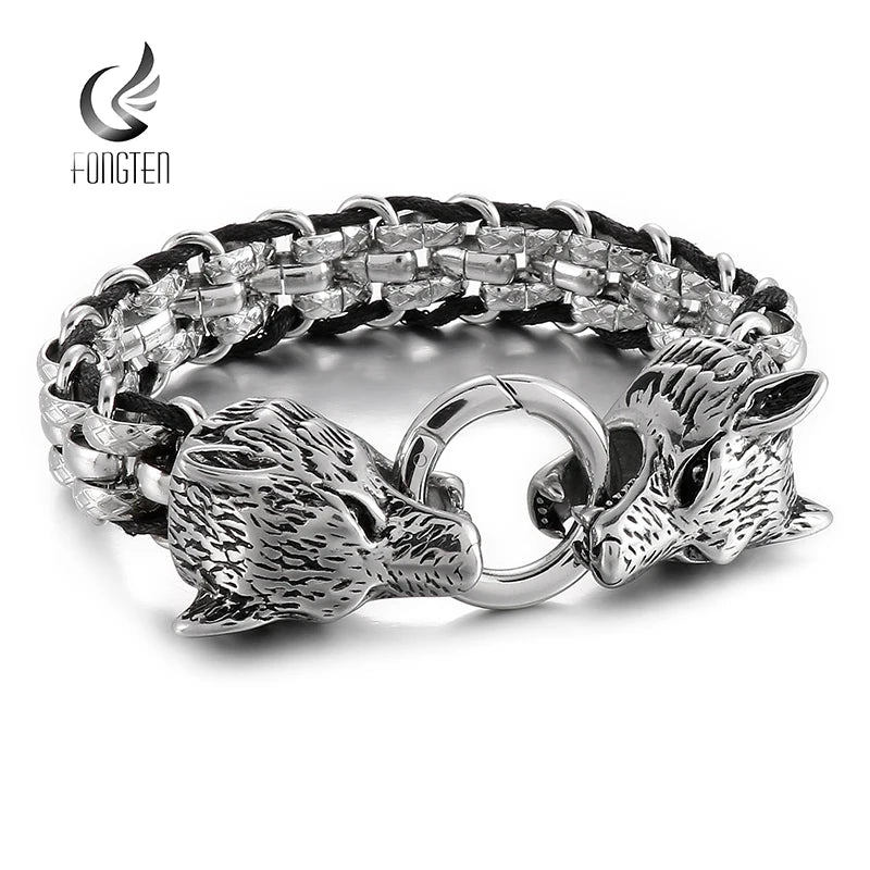 Vintage Wolf Bracelet Silver Stainless Steel Link Chain Cowhide Leather
