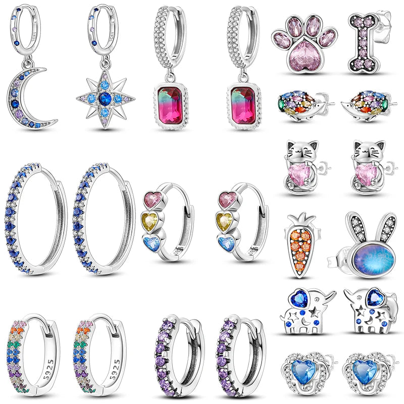Silver 925 Women Hoop Earring Moon Star CZ Colored Zircon Jewelry for Girl