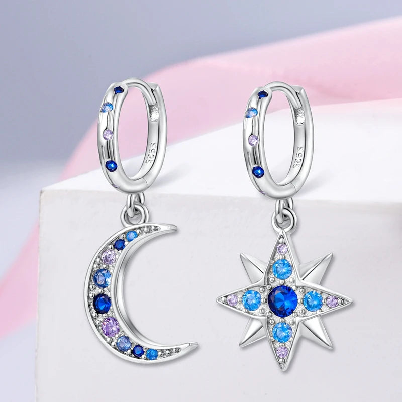 Silver 925 Women Hoop Earring Moon Star CZ Colored Zircon Jewelry for Girl