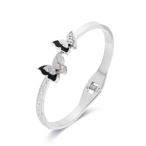 Women Stainless Steel Bangle Butterfly Shape Shells Zircons Crystal Bracelet