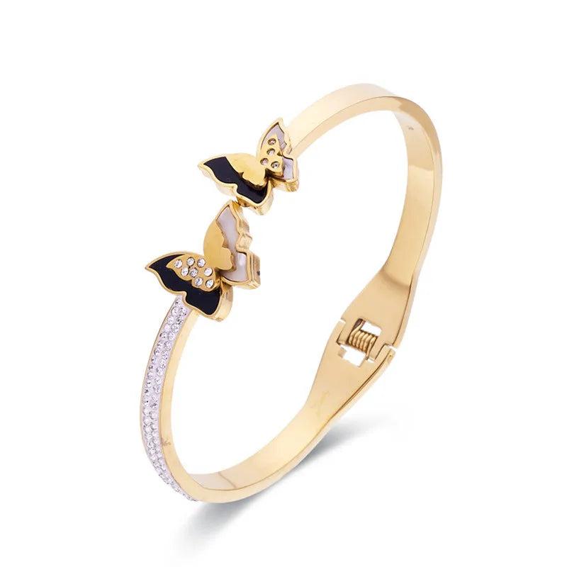Women Stainless Steel Bangle Butterfly Shape Shells Zircons Crystal Bracelet