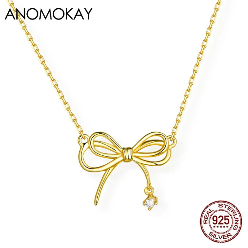 Classic Bowknot Necklace with Zircon 925 Silver Chain
