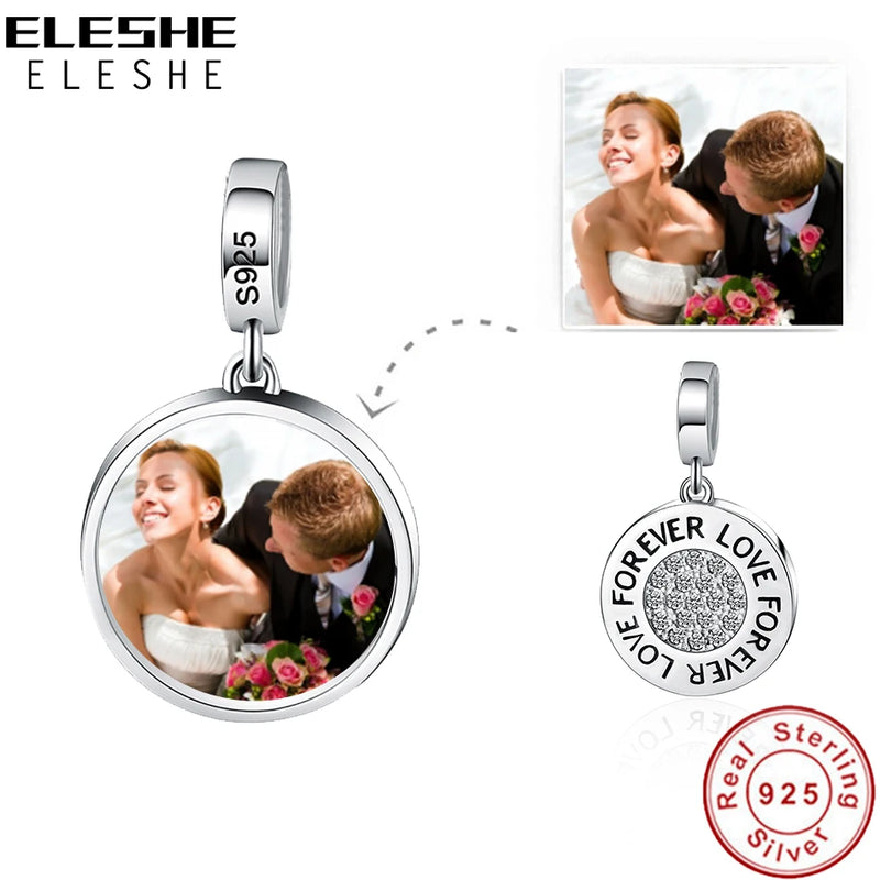 Forever Love Personalized Photo Round Charm 925 Sterling Silver Zircon Beads