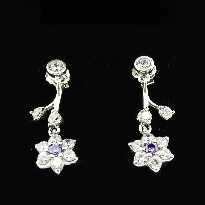 Purple Earrings 925 Sterling Silver Forget-Me-Not Women's Party Jewelry