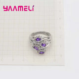 Purple Flower Ring Women Girls 925 Silver Crystal Engagement Anillons