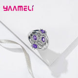 Purple Flower Ring Women Girls 925 Silver Crystal Engagement Anillons