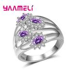 Purple Flower Ring Women Girls 925 Silver Crystal Engagement Anillons
