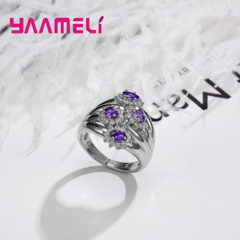 Purple Flower Ring Women Girls 925 Silver Crystal Engagement Anillons