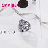 Purple Flower Ring Women Girls 925 Silver Crystal Engagement Anillons