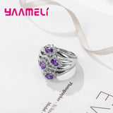 Purple Flower Ring Women Girls 925 Silver Crystal Engagement Anillons