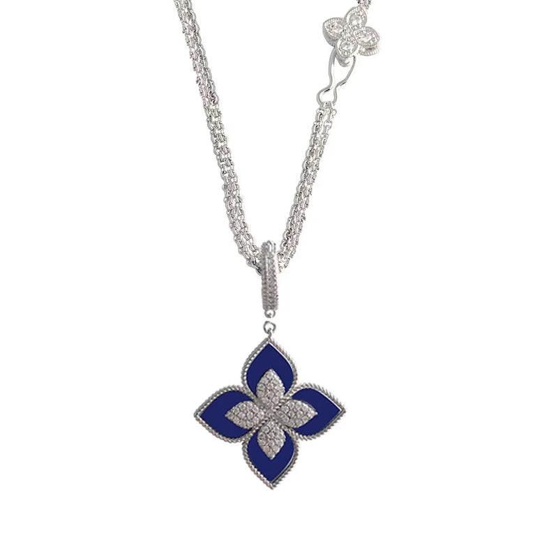 Four Leaf Clover Diamond Lapis Double Chain Sweater Chain Necklace
