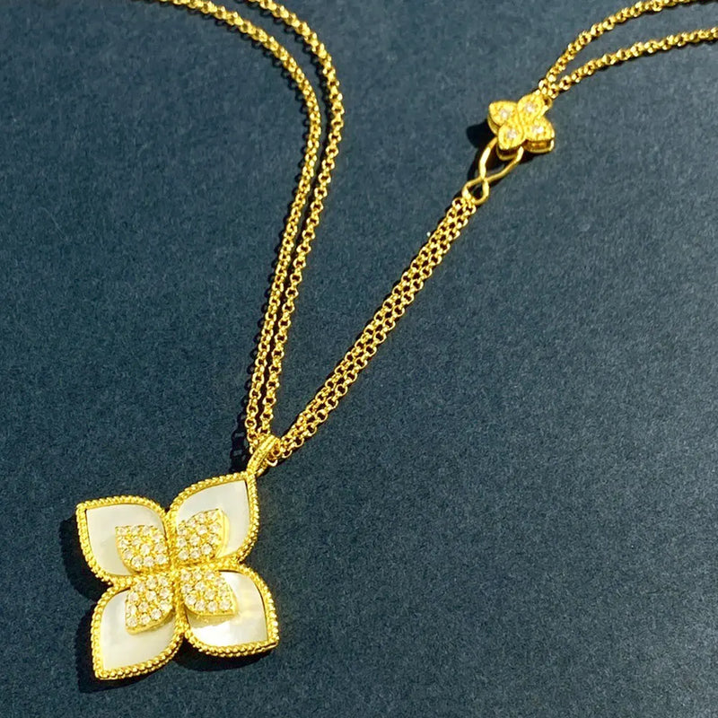 Four Leaf Clover Diamond Sapphire Double Chain Sweater Chain Necklace