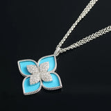 Four Leaf Clover Diamond Sapphire Double Chain Sweater Chain Necklace