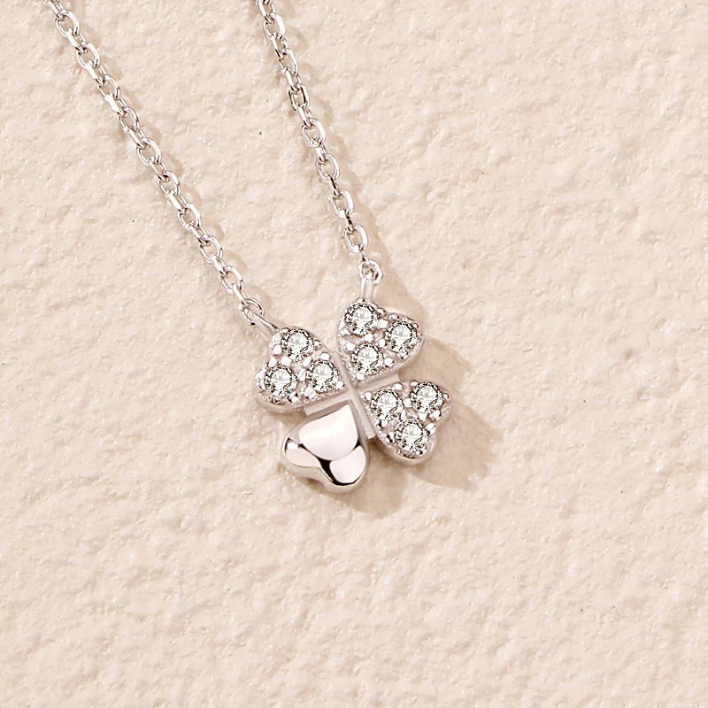 925 Silver Four Leaf Clover Necklace Zircon Women's Pendant
