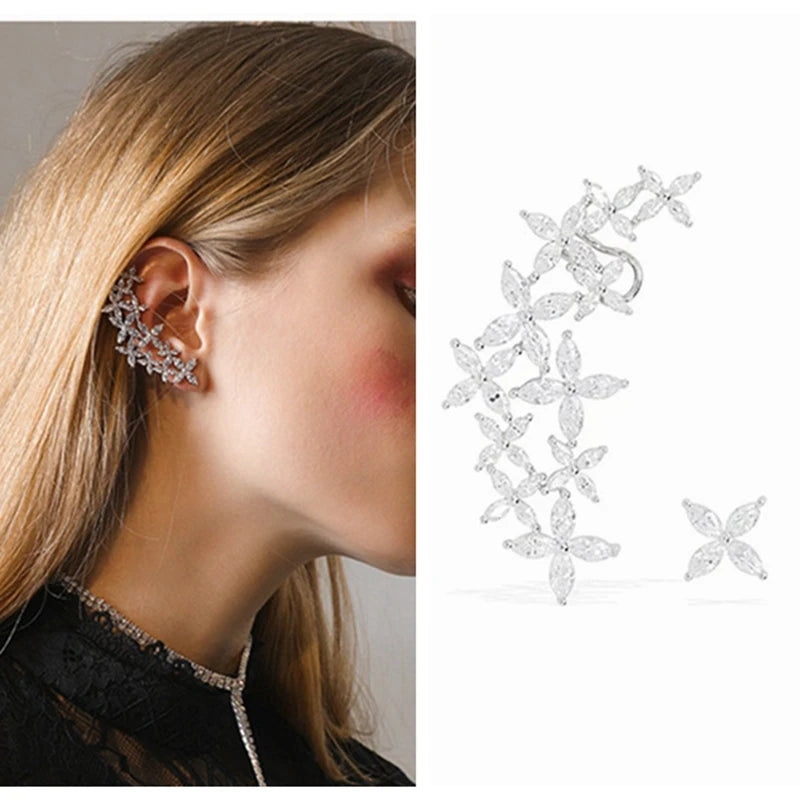Four Leaves Clover 925 Sterl Silver Stud Earrings Ear Climber Clip Earring