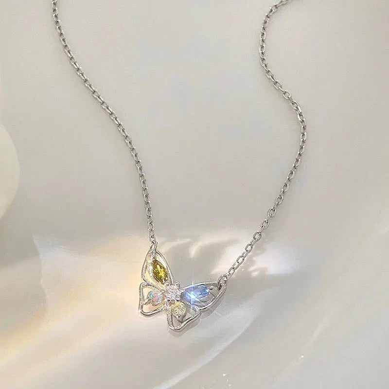 Four Seasons Zircon Butterfly Pendant Necklace Women S925 Sterling Silver