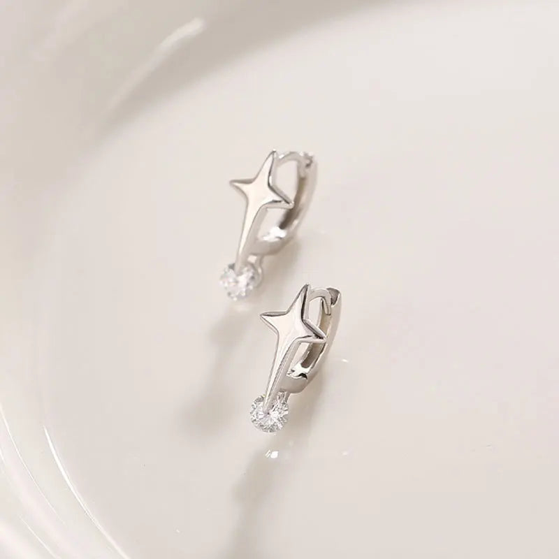 Four Stars Cross Zircon Ear Buckle Women 925 Sterling Silver Earrings