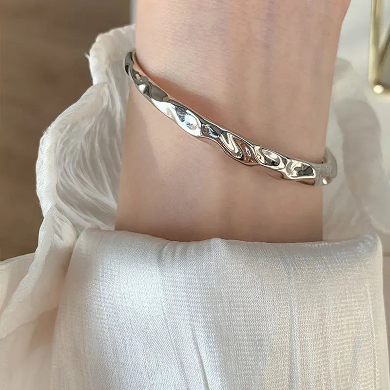 Foxanry Silver Charm Bracelet Glossy Winding Lines Bangle