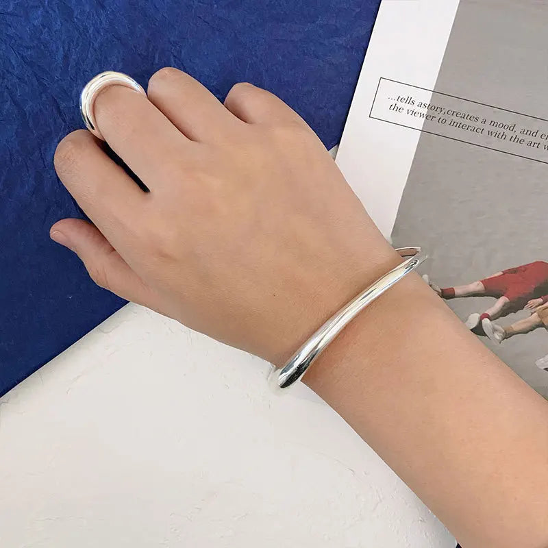 Foxanry Minimalist Silver Bracelets Vintage Couples Glossy Solid Bangles