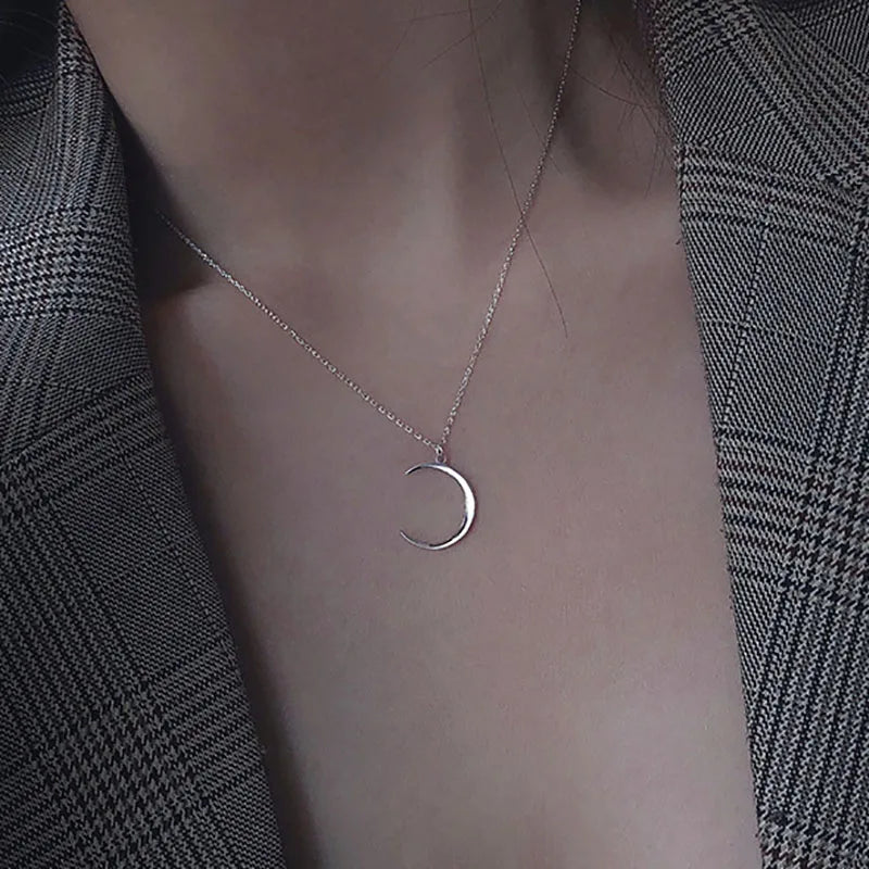 Foxanry Minimalist Silver Chain Necklace with Moon Pendant