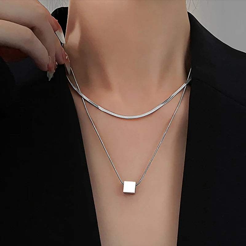 Foxanry Minimalist Silver Chain Necklace Geometric Pendant