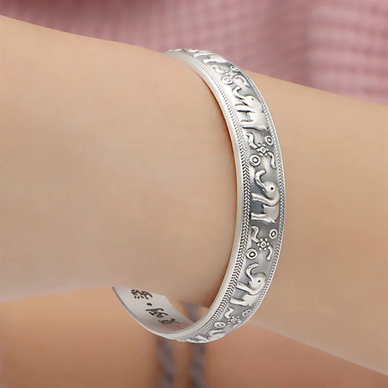 Foxanry Silver Bracelet Vintage Elephant Pattern Thai Silver Bangles