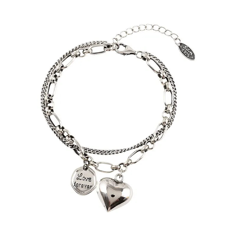 Foxanry Silver Bracelet Punk Vintage Sweet Couples Lover Double Chain LOVE Heart