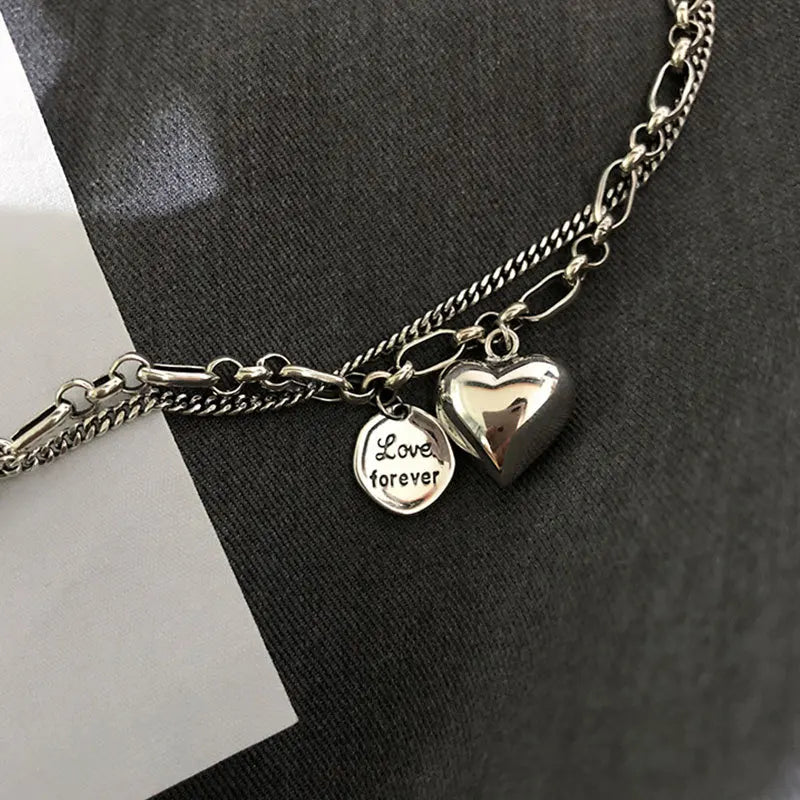 Foxanry Silver Bracelet Punk Vintage Sweet Couples Lover Double Chain LOVE Heart