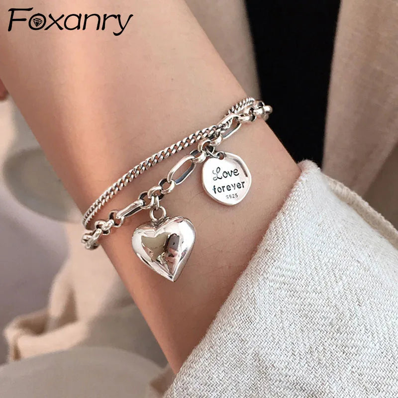 Foxanry Silver Bracelet Punk Vintage Sweet Couples Lover Double Chain LOVE Heart