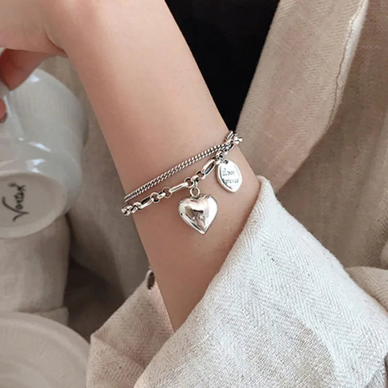 Foxanry Silver Bracelet Punk Vintage Sweet Couples Lover Double Chain LOVE Heart
