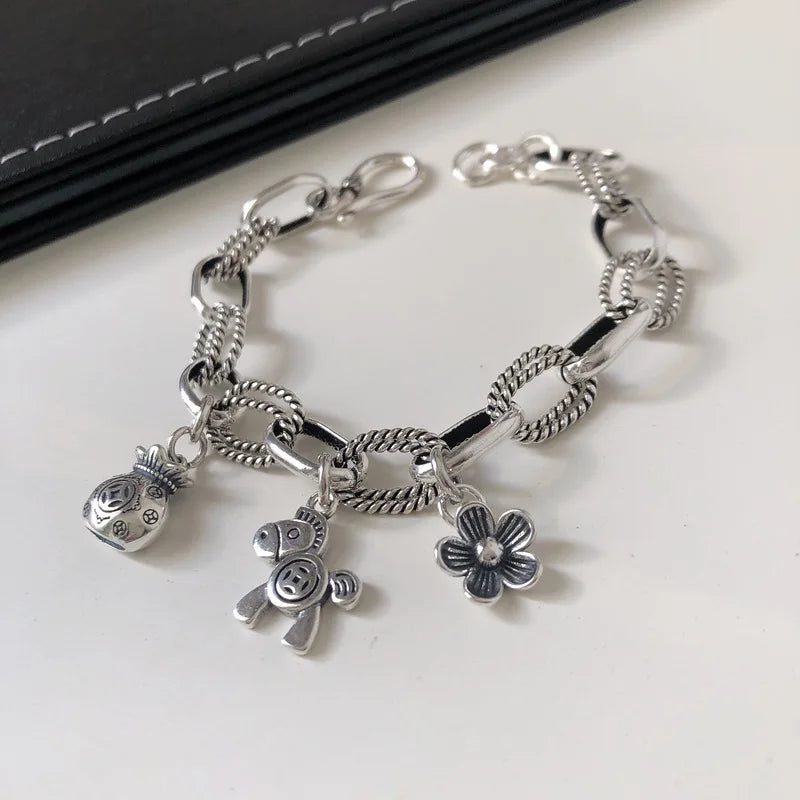 Foxanry Silver Bracelet Vintage Creative Pony Flowers Party Jewelry