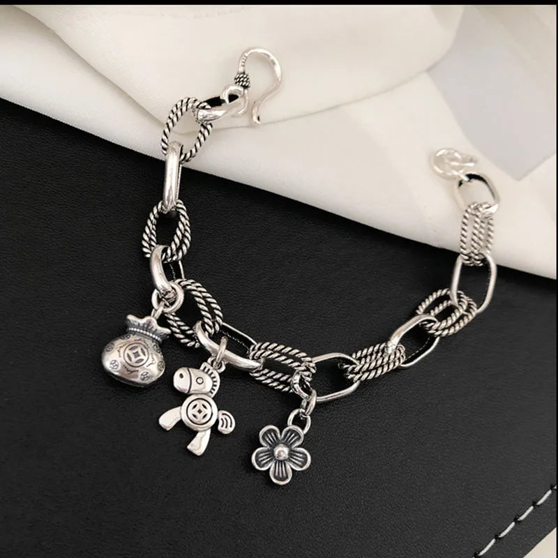 Foxanry Silver Bracelet Vintage Creative Pony Flowers Party Jewelry