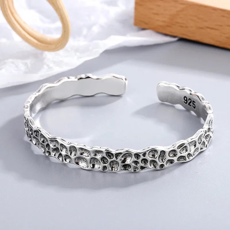 Foxanry Silver Bracelet for Women Hip Hop Vintage Irregular Surface
