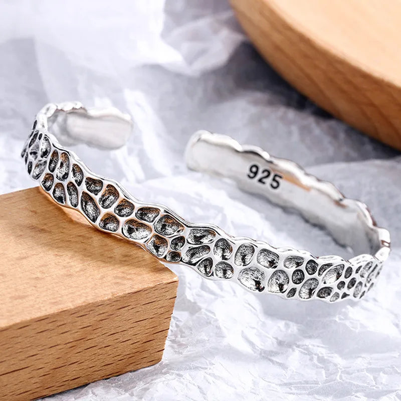 Foxanry Silver Bracelet for Women Hip Hop Vintage Irregular Surface