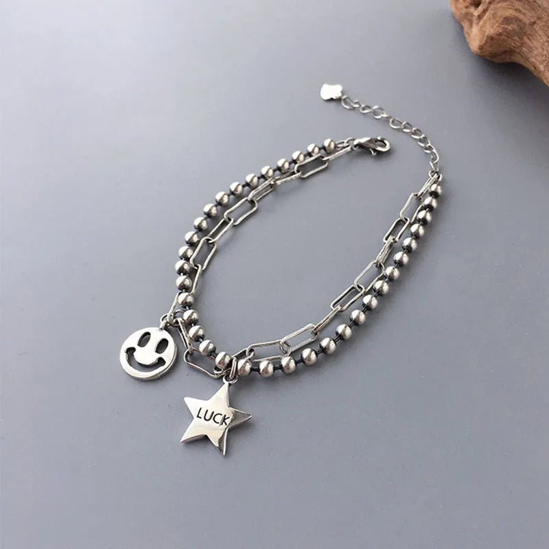 Foxanry Silver Bracelet for Women Charm Star Smiley Party Jewelry
