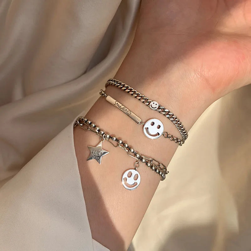 Foxanry Silver Bracelet for Women Charm Star Smiley Party Jewelry