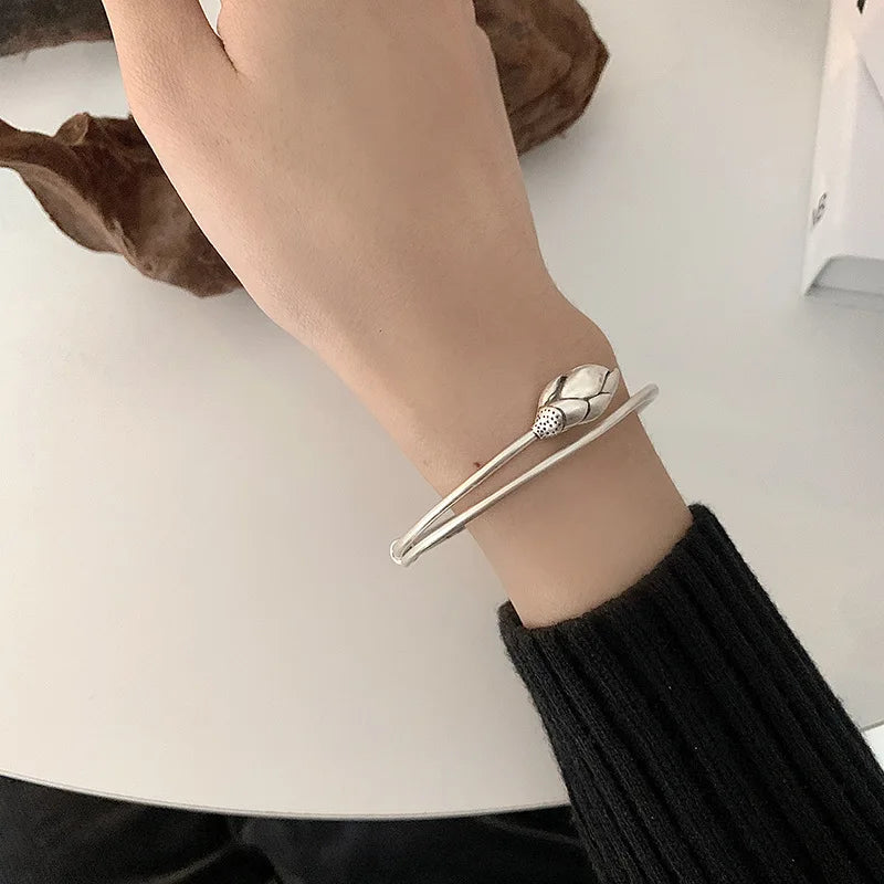 Foxanry Silver Bracelets Vintage Rose Flower Bangles Sweet Thai Silver Jewelry