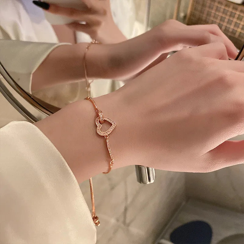 Foxanry Silver Bracelets for Women Zircon Hollow LOVE Heart Bride Jewelry