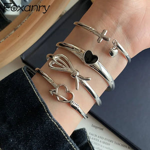Foxanry Silver Bow Knot Bangle LOVE Heart Jewelry