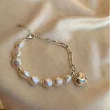 Foxanry Silver Chain Bracelets for Women Summer Sweet Pearls LOVE Heart