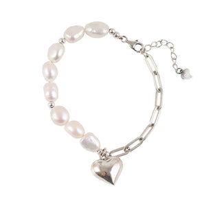 Foxanry Silver Chain Bracelets for Women Summer Sweet Pearls LOVE Heart