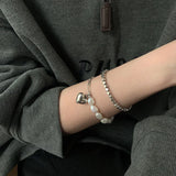 Foxanry Silver Chain Bracelets for Women Summer Sweet Pearls LOVE Heart