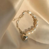 Foxanry Silver Chain Bracelets for Women Summer Sweet Pearls LOVE Heart